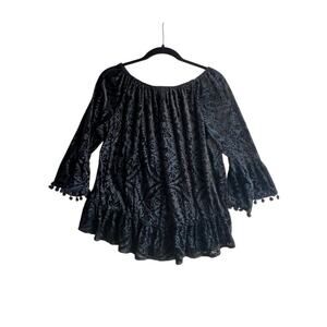 Style & Co Black Velvet Top Women’s LARGE Boho Burnout velvet Whimsygoth Fringe